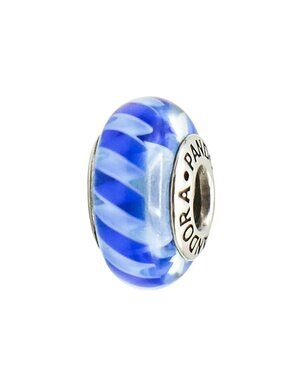 Pandora Teal Blue Stripes Murano Glass Charm Sterling Silver Retired